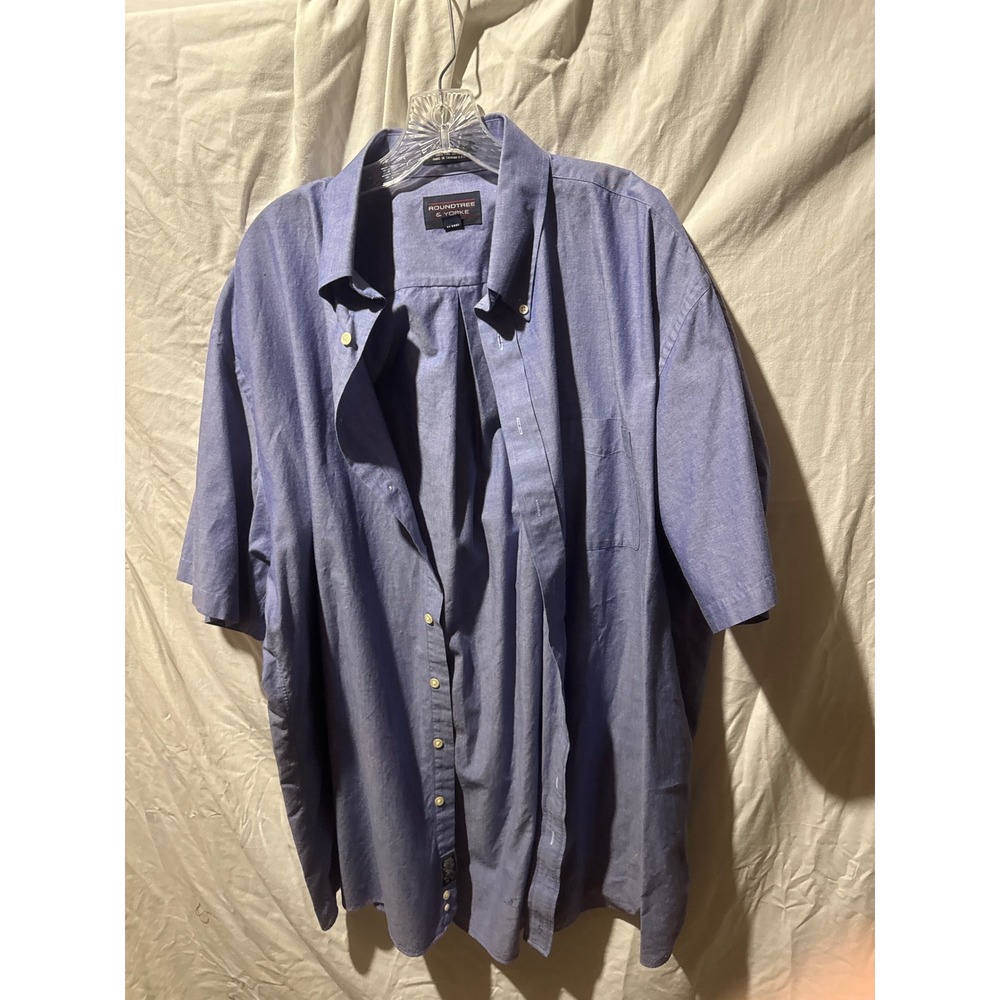 Roundtree & Yorke Mens Blue 100% Cotton Short Sleeve Button Down Shirt 17.5 Tall